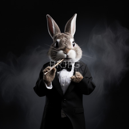 High Resolution: Anthropomorphic rabbit in formal attire wears a black tuxedo with a bow tie and white shirt holding a silver flute to its mouth against a dark background with smoke download. | HRJPG.com
