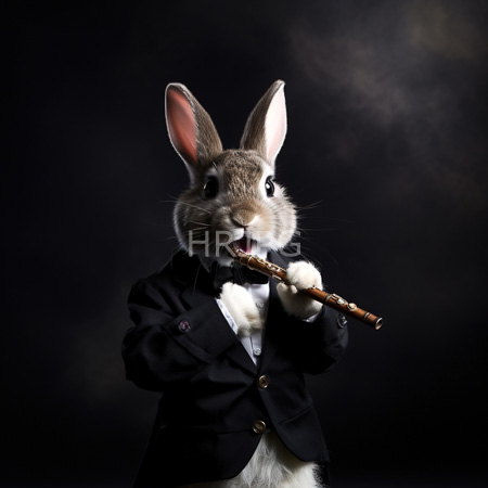 High Resolution: Anthropomorphic rabbit with gray and white fur wears a black tuxedo jacket and holds a wooden flute to its mouth against a dark background download. | HRJPG.com