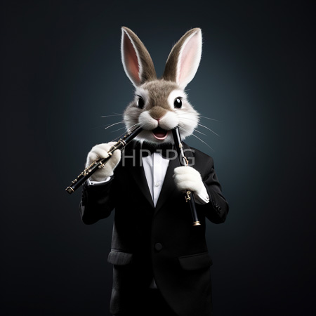 High Resolution: Anthropomorphic rabbit with gray and white fur large pink ears and black eyes plays a small flute while dressed in a formal tuxedo with a bow tie download. | HRJPG.com
