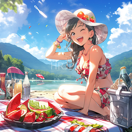 High Resolution: Anime-style illustration of an attractive young woman with long black hair wearing a floral bikini and a wide-brimmed sun hat winking playfully at a sunny beach download. | HRJPG.com