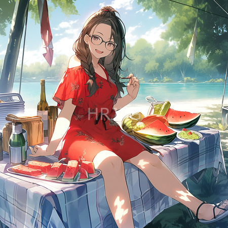 High Resolution: Anime-style illustration of an attractive young woman with glasses and long brown hair in braids wears a red floral dress sitting by a lakeside picnic table with food download. | HRJPG.com