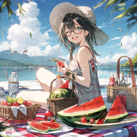 High Resolution: Anime-style illustration of an adorable young woman with glasses black hair in pigtails and a white sunhat sitting by a lakeside enjoying watermelon slices download. | HRJPG.com
