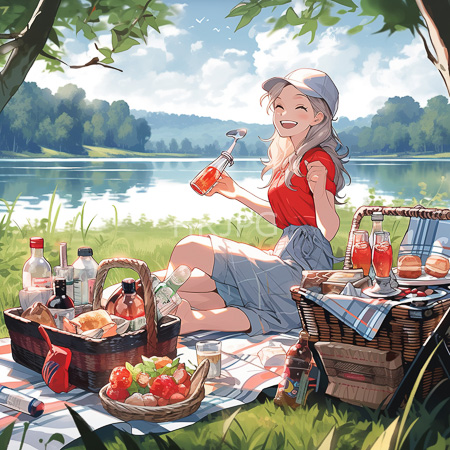 High Resolution: Anime-style illustration of a smiling blonde woman in a red shirt and gray skirt sitting on grass by a lake holding a drink glass with a wicker picnic basket download. | HRJPG.com