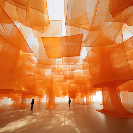 High Resolution: Art installation featuring numerous translucent orange fabric panels suspended in intricate geometric patterns with two silhouetted figures walking below download. | HRJPG.com
