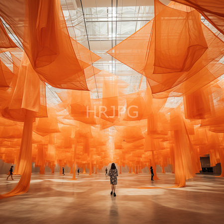 High Resolution: Art installation featuring numerous large flowing orange fabric drapes suspended from above in a spacious white-walled room with a central silhouetted figure walking download. | HRJPG.com