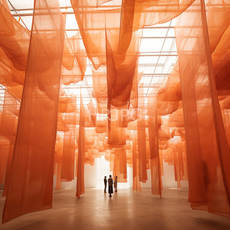 High Resolution: Art installation featuring numerous translucent orange fabric drapes suspended from the ceiling with three silhouetted figures standing near the center download. | HRJPG.com