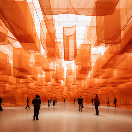 High Resolution: Art installation featuring numerous translucent orange fabric cubes suspended from above in a brightly lit room with silhouetted visitors walking among them download. | HRJPG.com