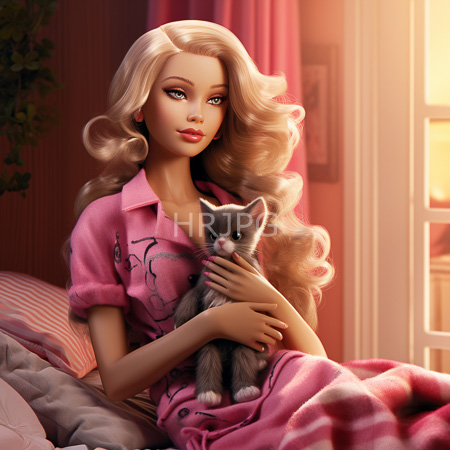 High Resolution: Elegant blonde doll with voluminous curls wears pink pajamas and cradles a small gray kitten on her lap with warm sunlight streaming through window blinds download. | HRJPG.com
