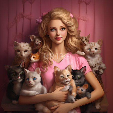 High Resolution: Attractive blonde woman with wavy hair holds and is surrounded by eight adorable kittens in various colors against soft-pink curtains download. | HRJPG.com