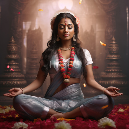 High Resolution: Indian woman with dark skin and long black hair meditating in a lotus position on red flower petals wears traditional silver attire and a marigold garland download. | HRJPG.com