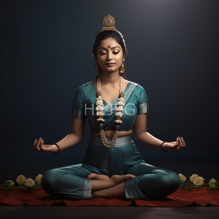 High Resolution: Indian woman with medium brown skin and black hair seated in a lotus position on red fabric wears teal traditional attire and a white flower garland download. | HRJPG.com