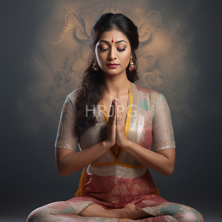 High Resolution: Indian woman with medium brown skin and long dark hair sits cross-legged against a smoky gray background wears traditional attire with gold embroidery on red fabric download. | HRJPG.com