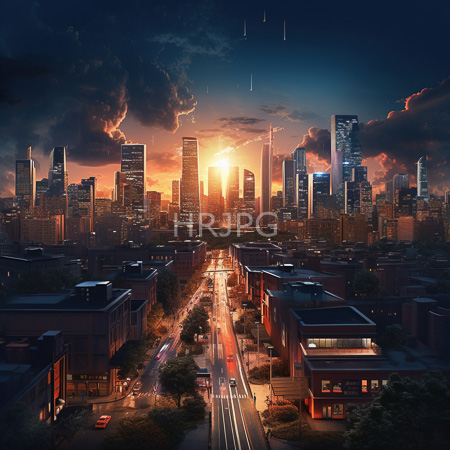 High Resolution: Urban cityscape at sunset featuring towering skyscrapers with illuminated windows against dramatic clouds and orange sky hues reflecting light on wet roads download. | HRJPG.com