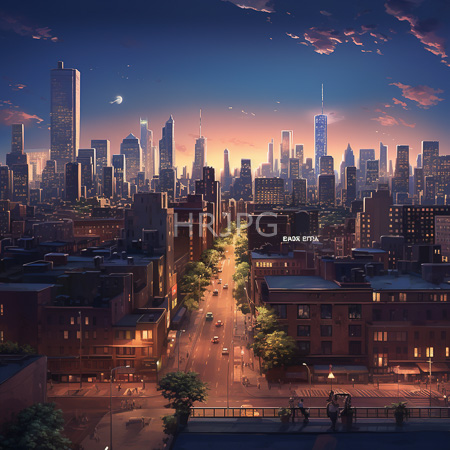 High Resolution: Urban sunset in New York City features illuminated skyscrapers with One World Trade Center against twilight skies filled with pink and purple clouds download. | HRJPG.com