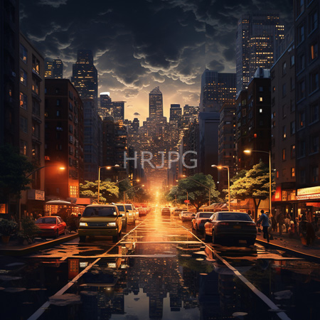 High Resolution: Photorealistic urban street at night features wet pavement reflecting city lights and skyscrapers under dramatic cloudy skies with crowded sidewalks download. | HRJPG.com