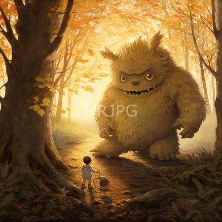 High Resolution: Enormous fluffy monster with sharp teeth and small horns stands in a sunlit forest path amid autumn leaves with a young boy holding a lantern download. | HRJPG.com