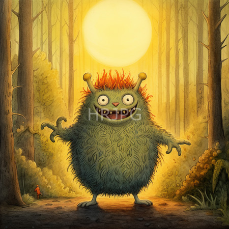 High Resolution: Eerie fluffy green monster with red spiky hair and two antennae-like protrusions stands in a sunlit forest path at sunset with wide eyes and sharp teeth download. | HRJPG.com