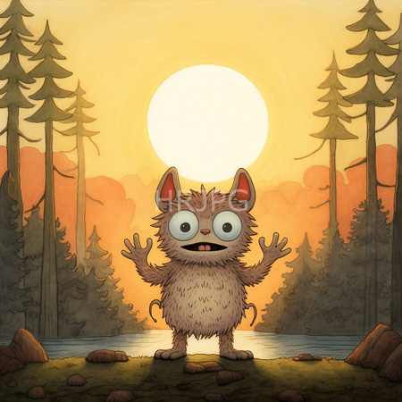 High Resolution: Adorable fluffy brown mouse-like creature with large round eyes and raised hands standing on grassy ground by a lake at sunset in a forest setting download. | HRJPG.com