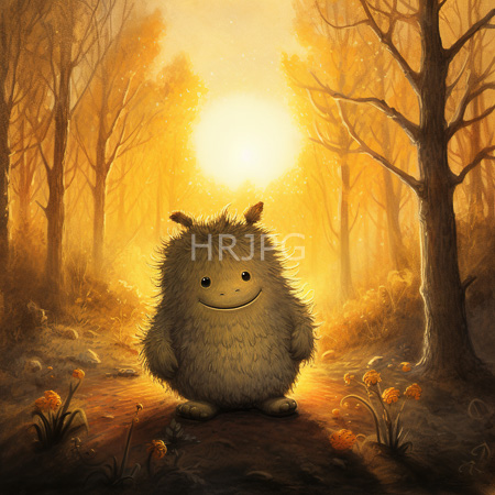 High Resolution: Adorable fluffy creature with small ears and round black eyes standing on a forest path at sunset with a gentle smile and golden-hued trees download. | HRJPG.com