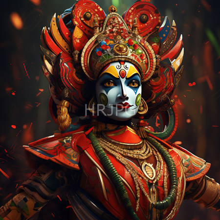 High Resolution: Elaborate colorful deity with a blue-painted face and red lips wears ornate headdress adorned in gold jewelry against a darkened forest scene download. | HRJPG.com