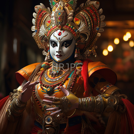 High Resolution: Intricately costumed individual in traditional Indian attire wears elaborate gold and red jewelry with detailed patterns on their face mask-like makeup download. | HRJPG.com