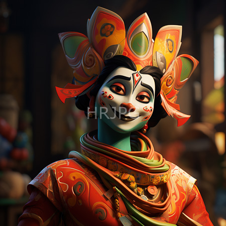 High Resolution: Anthropomorphic character with teal skin white face paint adorned in red and orange patterns resembles traditional Indian attire wearing a peacock feathered headdress download. | HRJPG.com
