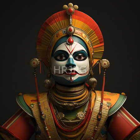 High Resolution: Photorealistic Indian deity mask features a white face with blue and red accents large eyes adorned in black eyeliner-like markings and an ornate golden headgear download. | HRJPG.com