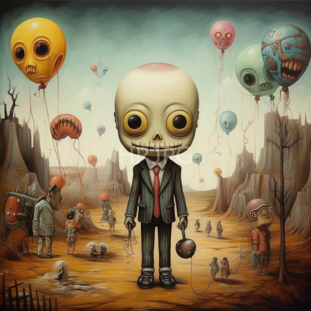 High Resolution: Surreal artwork depicts an oversized grinning skull in a black pinstripe suit and red tie holding keys surrounded by small humanoid figures and floating balloons download. | HRJPG.com