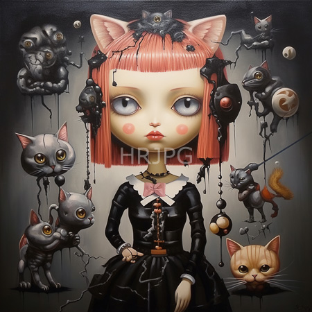 High Resolution: Eerie wide-eyed doll with pale skin and a red bob haircut wears a black gothic dress surrounded by floating mechanical cats some disassembled or dripping goo download. | HRJPG.com