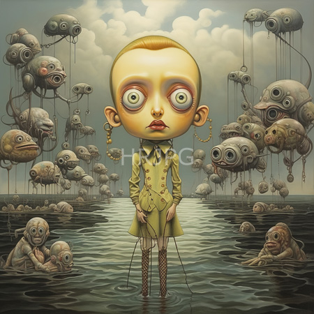 High Resolution: Surreal artwork depicts an oversized wide-eyed child with pale skin and blonde hair standing in water surrounded by floating grotesque fish-like creatures download. | HRJPG.com