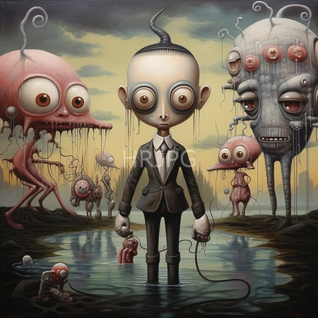 High Resolution: Surreal artwork depicts an eerie small-headed child in a black suit and tie standing waist-deep on reflective water surrounded by grotesque creatures dripping goo download. | HRJPG.com
