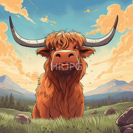High Resolution: Orange Highland cow with shaggy fur large curved horns and expressive eyes stands in lush green grass against a mountainous background at sunset download. | HRJPG.com