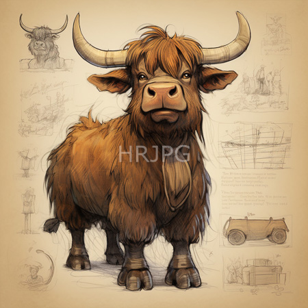 High Resolution: Adorable fluffy Highland cow with large curved horns and expressive eyes with brown fur adorned by tufts and a neckband-like marking download. | HRJPG.com