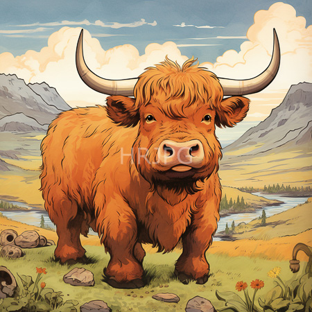 High Resolution: Orange Highland cow with large curved horns stands in lush green grass near scattered rocks and flowers under a blue sky and mountainous background download. | HRJPG.com