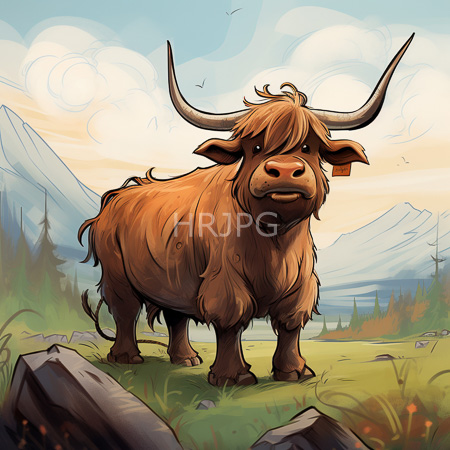 High Resolution: Adorable shaggy brown Highland cow with large curved horns stands in lush green grass near rocky terrain under a cloudy sky and mountainous background download. | HRJPG.com