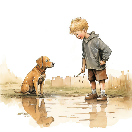High Resolution: Watercolor-style drawing depicts an adorable blonde boy in a gray hoodie standing on wet pavement with his golden retriever puppy with reflections visible download. | HRJPG.com