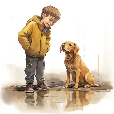 High Resolution: Adorable young boy with light brown hair wearing a yellow hoodie stands beside his golden retriever dog on wet pavement reflecting their images download. | HRJPG.com