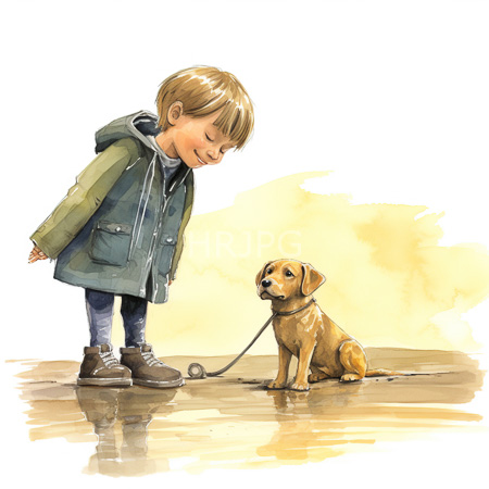 High Resolution: Watercolor illustration of an adorable young boy wearing a green hooded coat standing on wet pavement looking down at his small tan dog sitting obediently download. | HRJPG.com