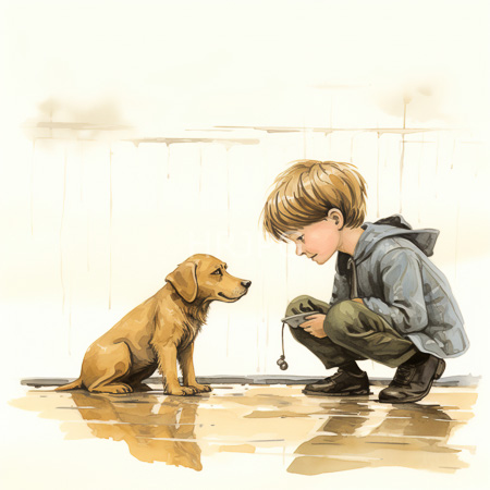 High Resolution: Watercolor-style drawing of an attentive young boy squatting and holding treats for a golden-brown puppy sitting opposite him on polished wooden floorboards download. | HRJPG.com