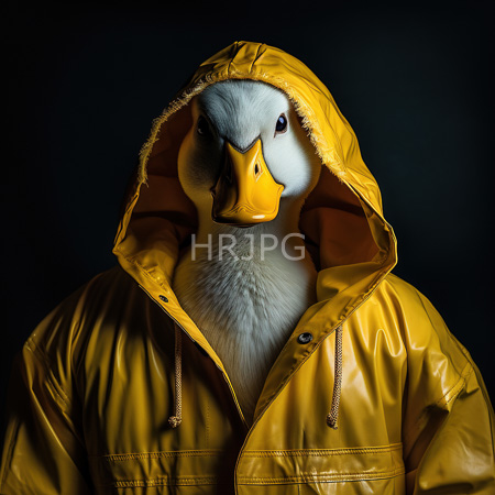 High Resolution: Anthropomorphic white duck with a yellow beak wears a shiny bright-yellow raincoat and hood against a dark background with visible feathers download. | HRJPG.com