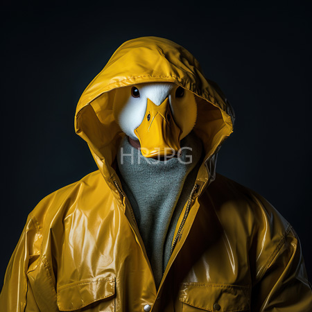 High Resolution: Anonymous figure wearing a yellow glossy raincoat with the hood up and a duck mask covering their face with a black rubber beak-shaped nose cover download. | HRJPG.com