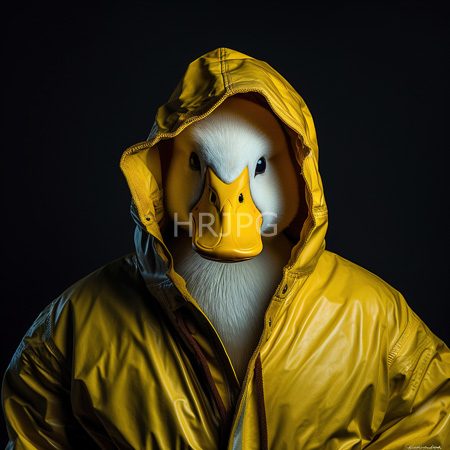 High Resolution: Anthropomorphic white duck wears a bright yellow raincoat with the hood up set against a dark background with a vivid orange-yellow beak download. | HRJPG.com