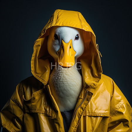 High Resolution: Anthropomorphic white goose wears a bright yellow glossy raincoat with its hood up against a dark blue background showing detailed feathers and beak texture download. | HRJPG.com