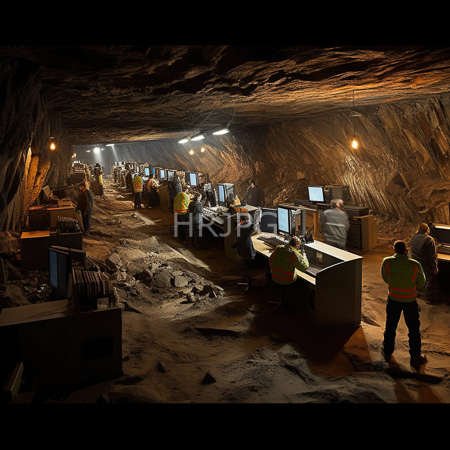 High Resolution: Underground mining control room with rugged rocky walls numerous workers in high-visibility vests sit at computer stations along both sides download. | HRJPG.com