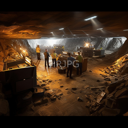 High Resolution: Underground mining tunnel with dim warm lighting and rocky walls five workers in yellow safety vests stand near equipment on scattered debris download. | HRJPG.com