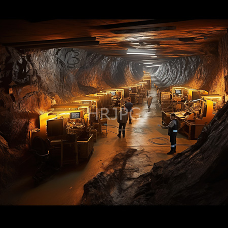 High Resolution: Illuminated underground cave-like workspace with rugged rocky walls and ceiling beams warm yellow lights illuminate various workstations with three people walking through download. | HRJPG.com