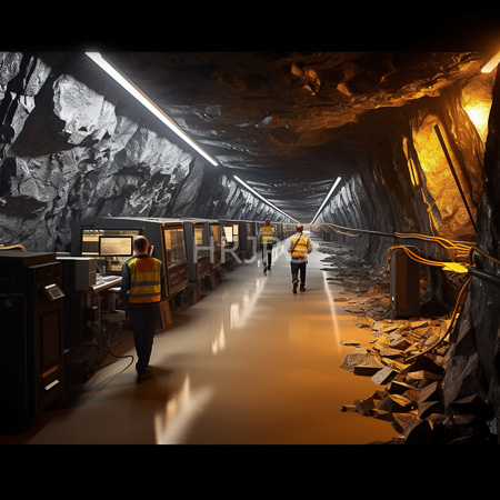 High Resolution: Three male miners in yellow safety vests and hard hats walking through an illuminated rocky underground tunnel with fluorescent lights on both sides download. | HRJPG.com