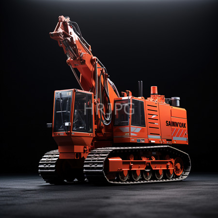 High Resolution: Orange tracked excavator with SANYCUX branding on its side against a dark background under bright lighting with a large arm bucket and glass-enclosed cab download. | HRJPG.com