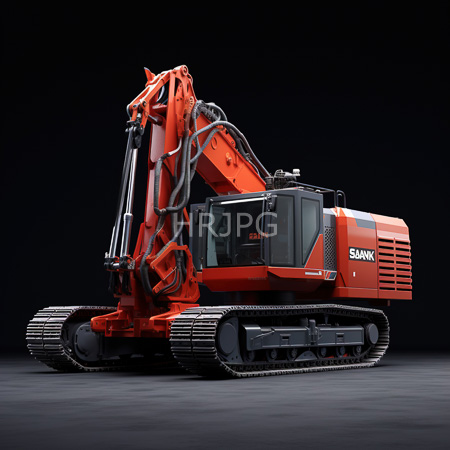 High Resolution: Orange Sany excavator with black tracks set against a dark background with a large arm and bucket attachment and the SANY logo prominently displayed download. | HRJPG.com