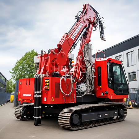 High Resolution: Bright red Caterpillar-branded hydraulic excavator with black and silver accents parked on an asphalt lot in front of modern industrial buildings download. | HRJPG.com
